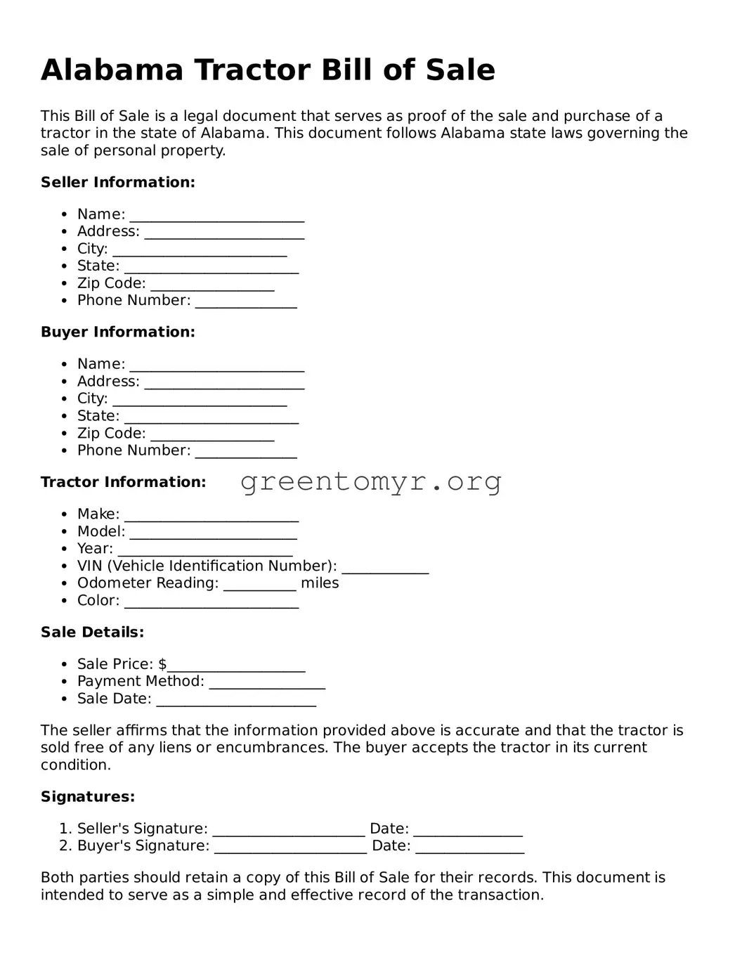Tractor Bill of Sale Form for the State of Alabama