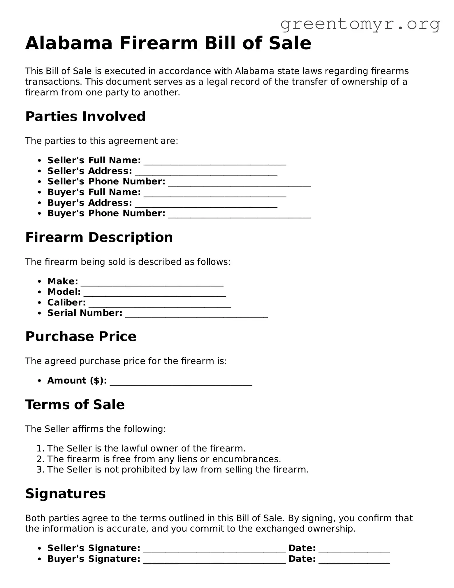 Firearm Bill of Sale Form for the State of Alabama