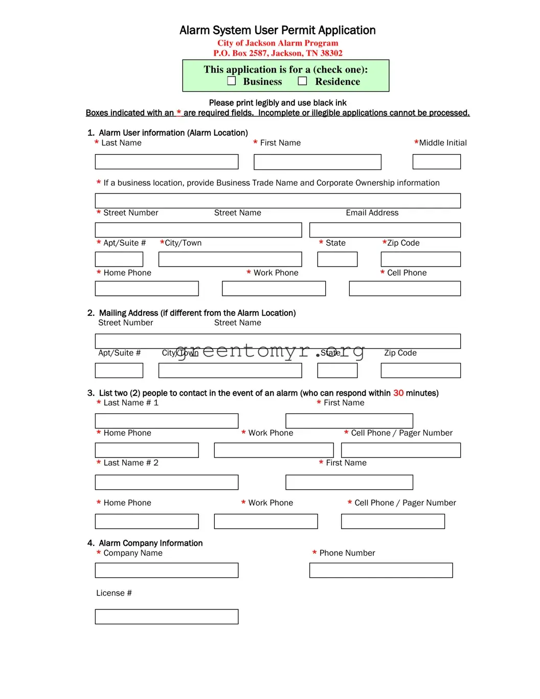 Fill in a Valid Alarm System Template