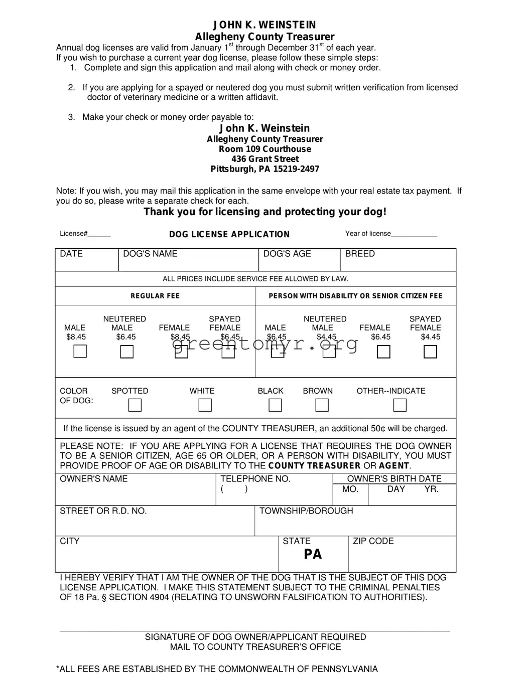 Fill in a Valid Allegheny County Dog License Template