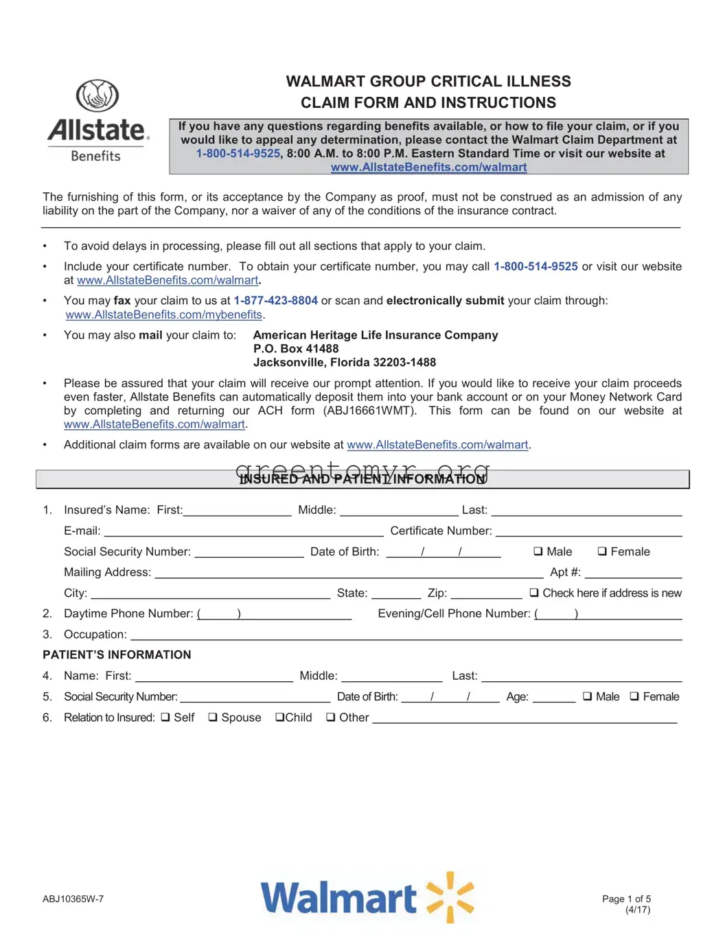 Fill in a Valid Allstate Critical Illness Walmart Template