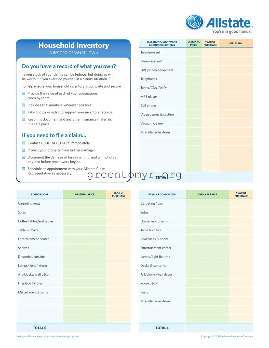 Fill in a Valid Allstate Inventory Template