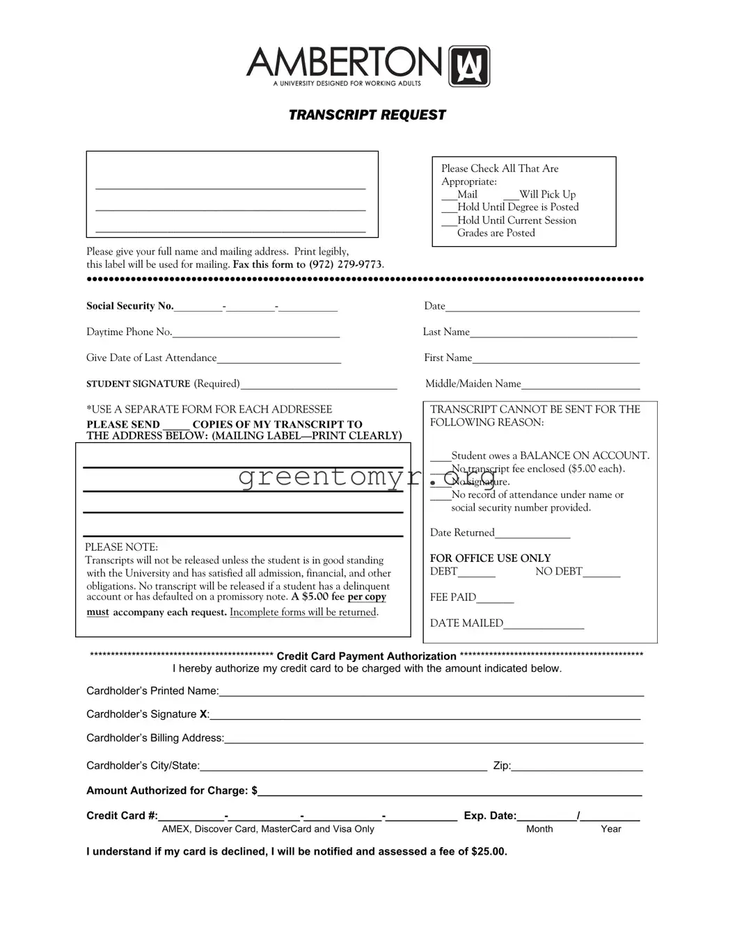 Fill in a Valid Amberton University Transcript Request Template