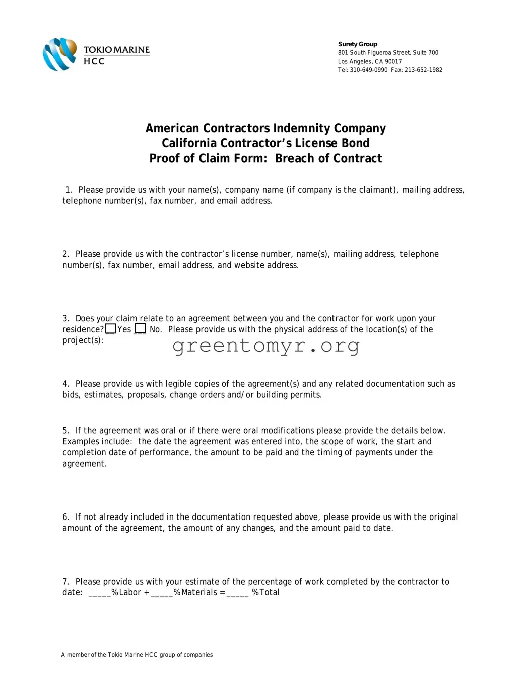 Fill in a Valid American Contractors Indemnity Co Template