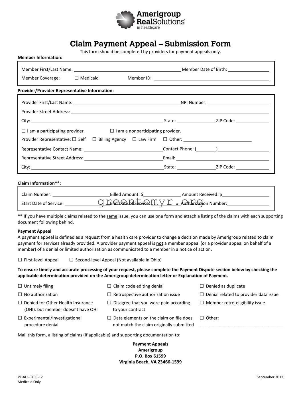 Fill in a Valid Amerigroup Medicaid Template