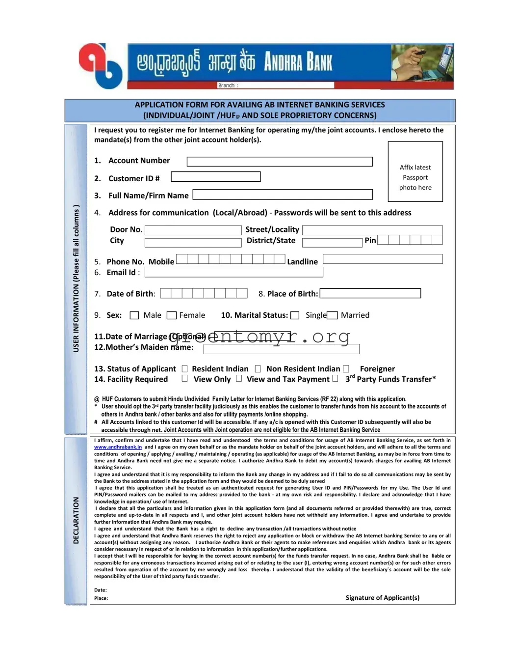 Fill in a Valid Andhra Bank Customer Id Template