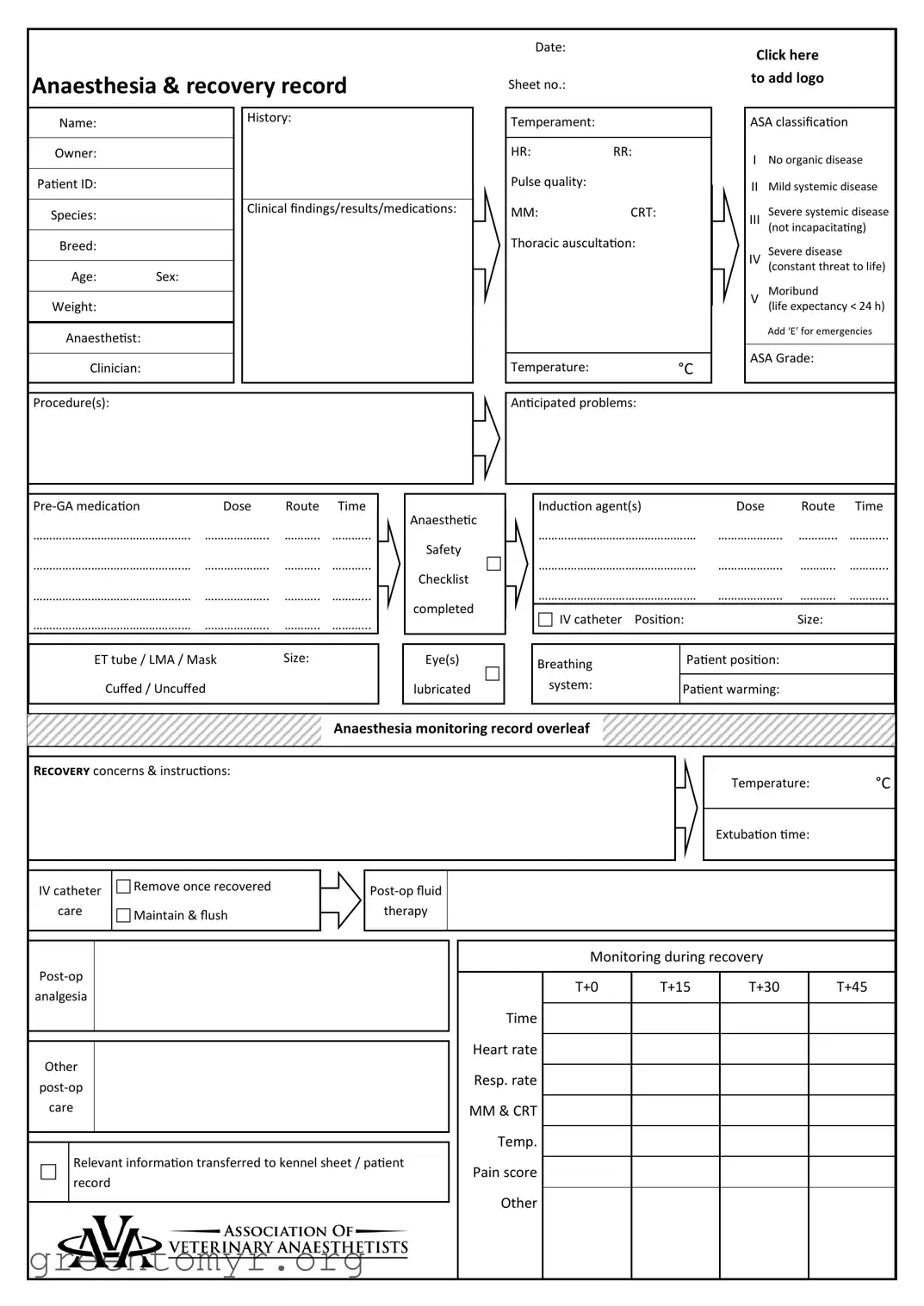 Fill in a Valid Anesthesia Record Template