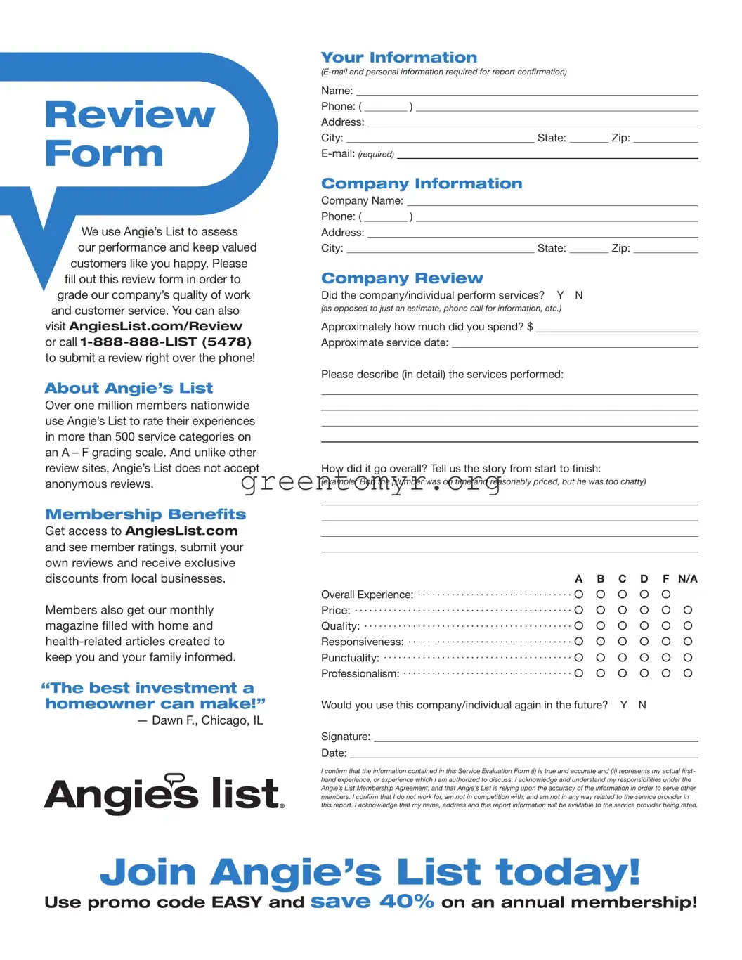 Fill in a Valid Angies List Template