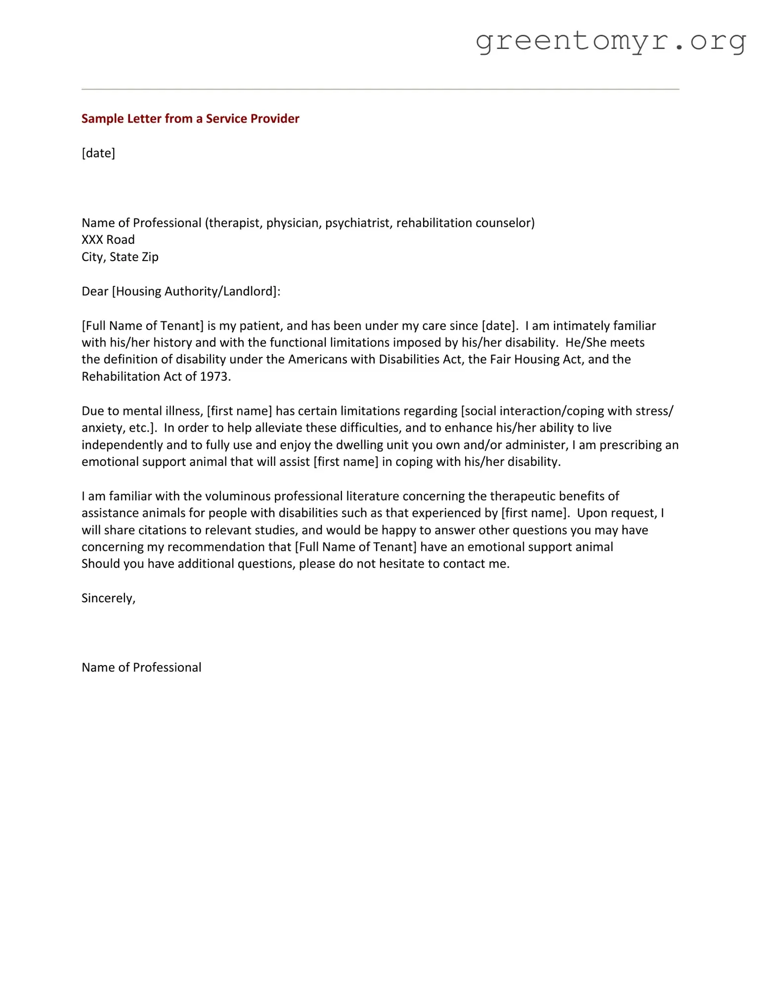 Fill in a Valid Emotional Support Animal Letter Template