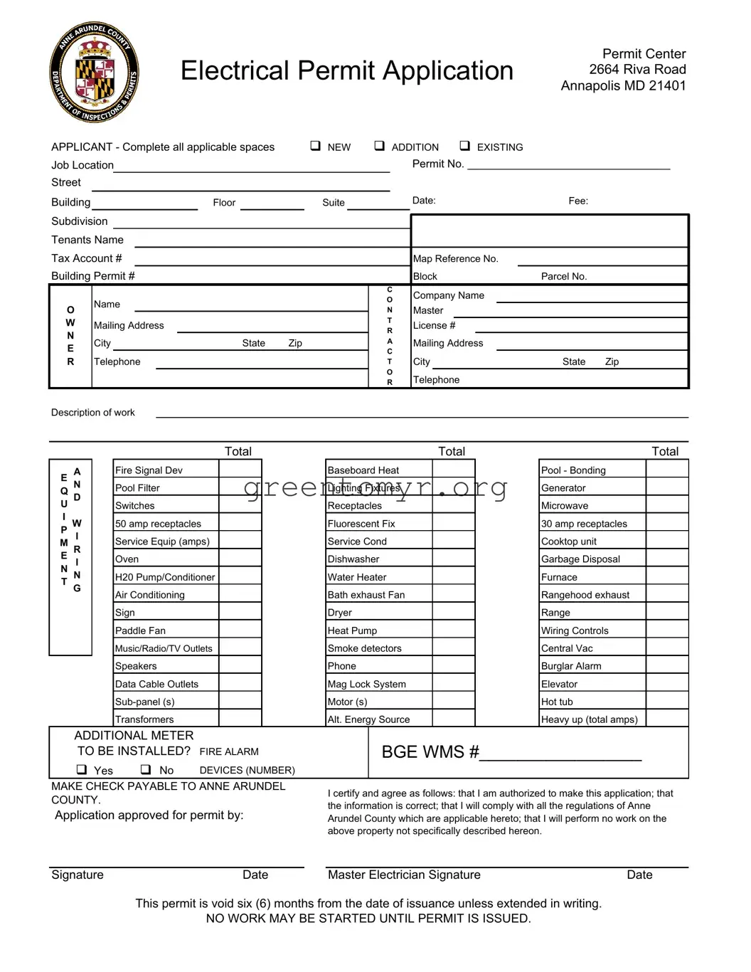 Fill in a Valid Anne Arundel Application Electrical Permit Template
