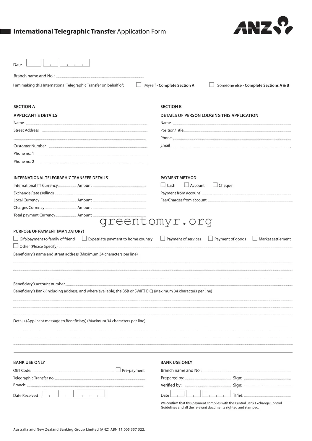 Fill in a Valid Anz Telegraphic Transfer Template