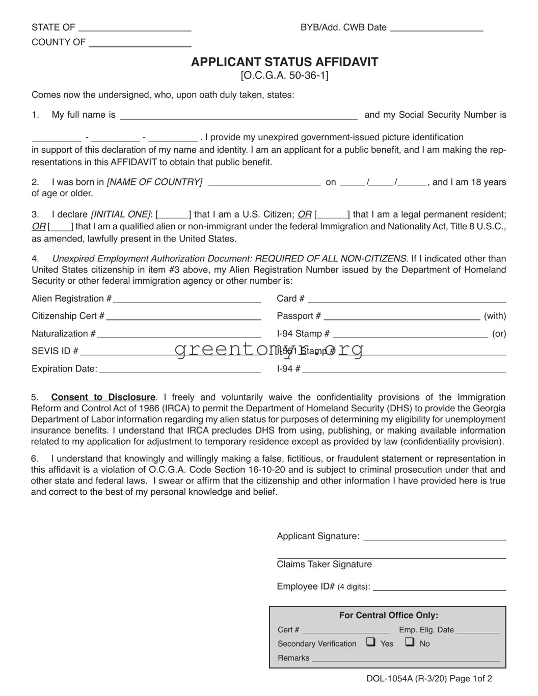 Fill in a Valid Applicant Status Affidavit Template