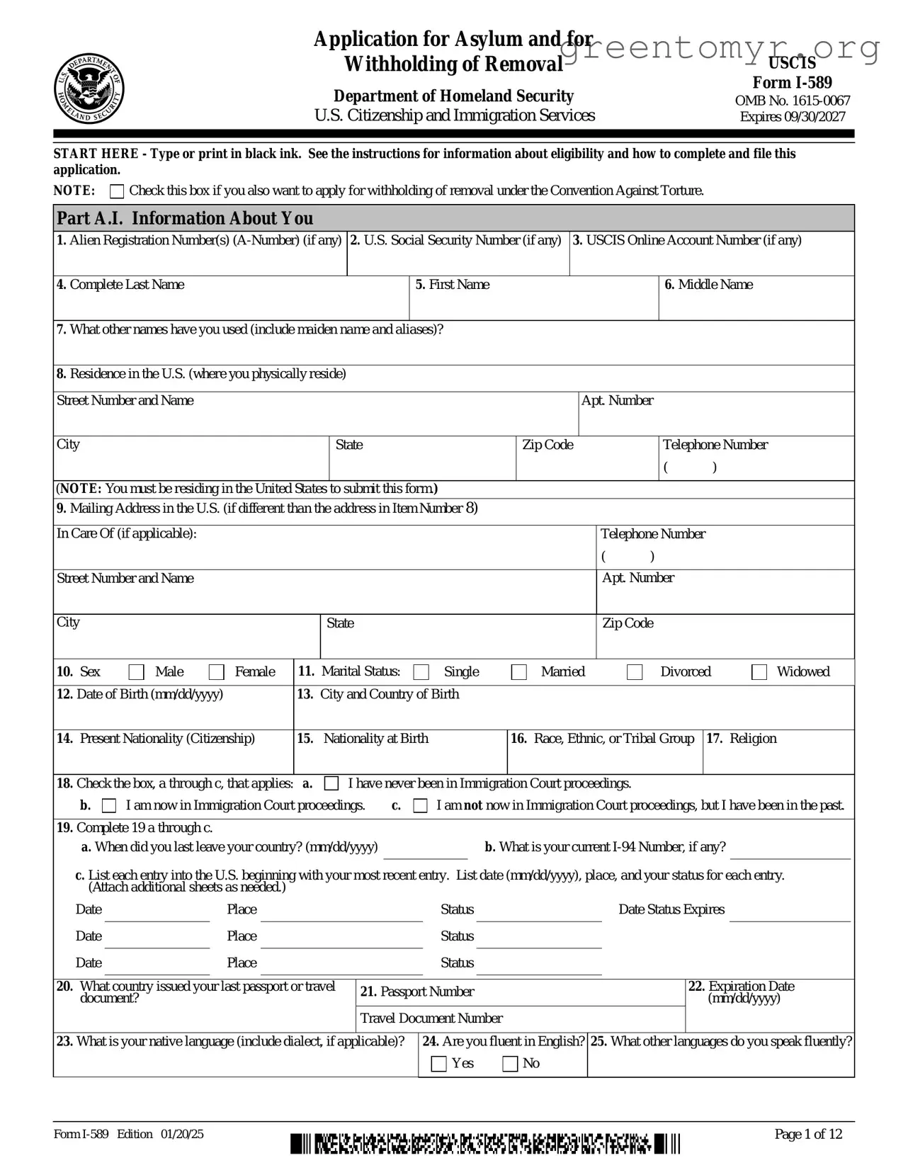 Fill in a Valid USCIS I-589 Template