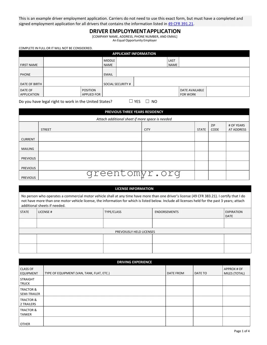 Fill in a Valid Application For Driver Template