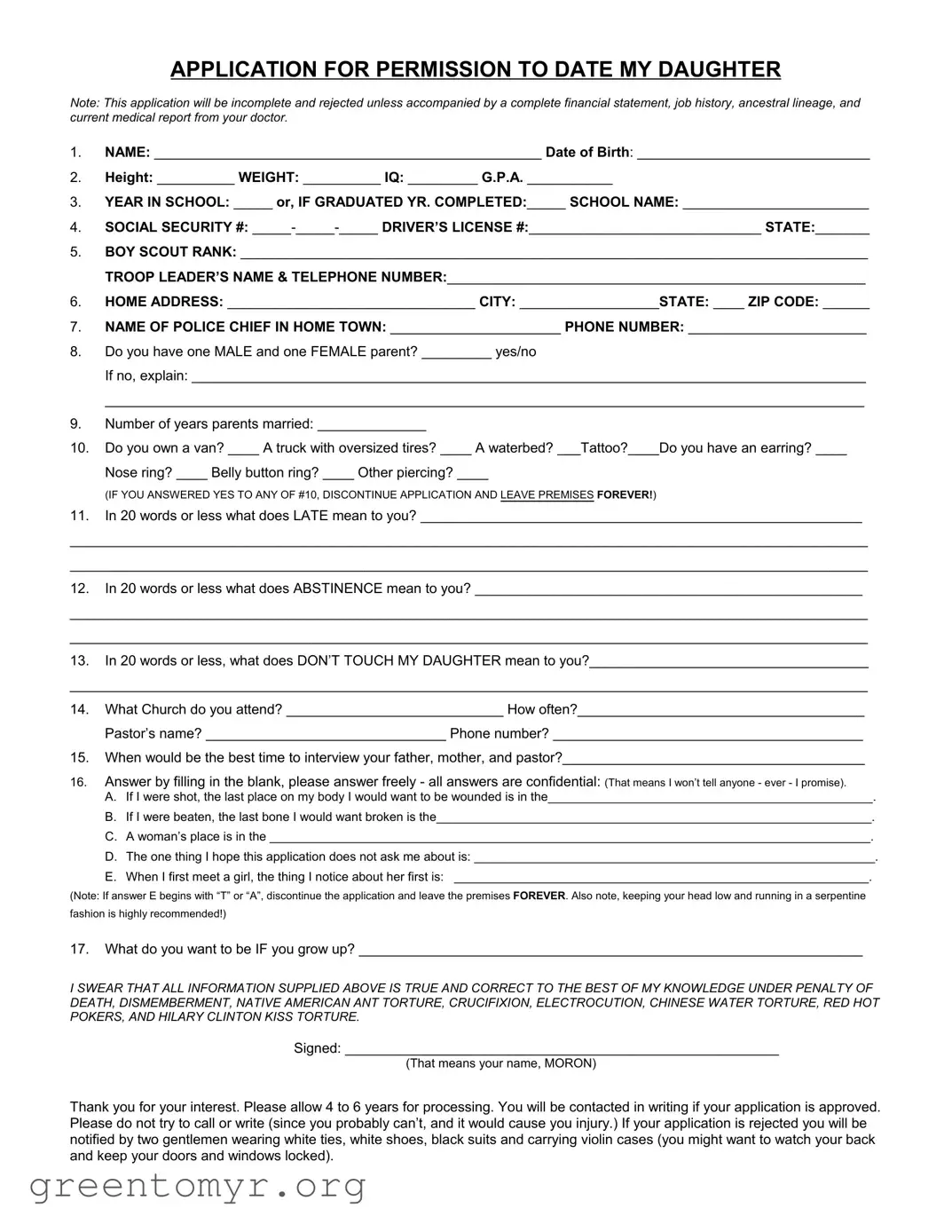 Fill in a Valid Application Date Daughter Template