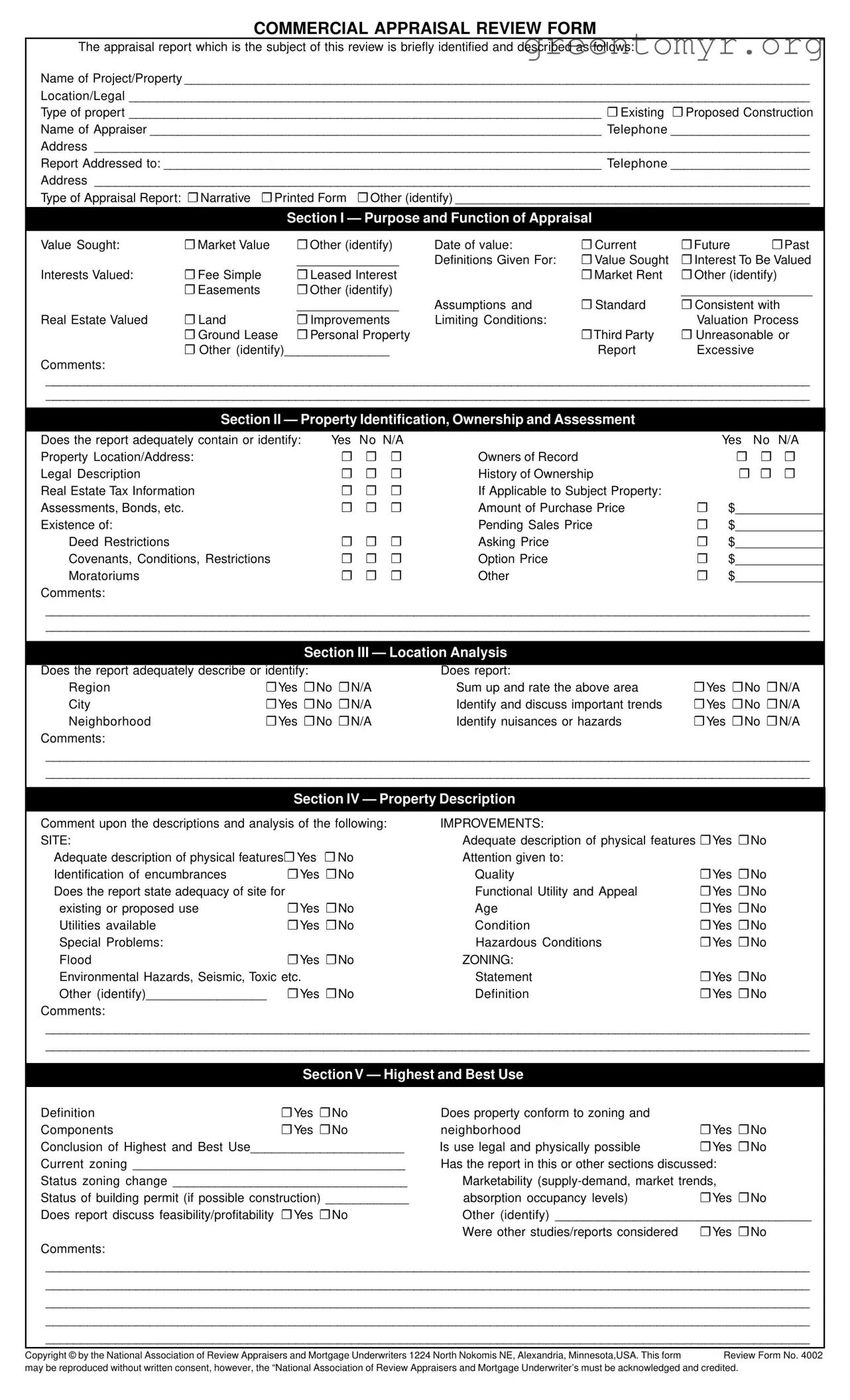 Fill in a Valid Review Commercial Appraisal Template
