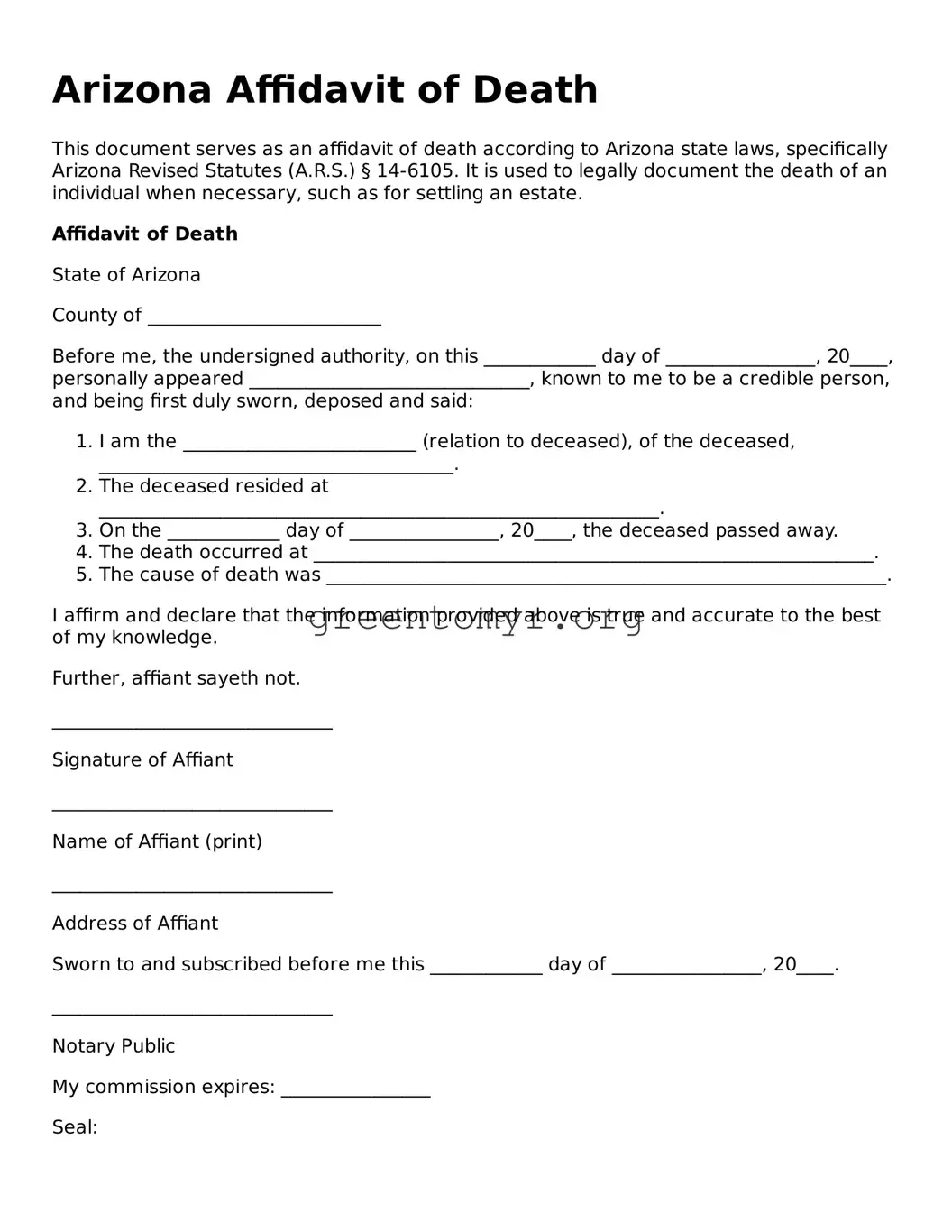 Affidavit of Death Form for the State of Arizona