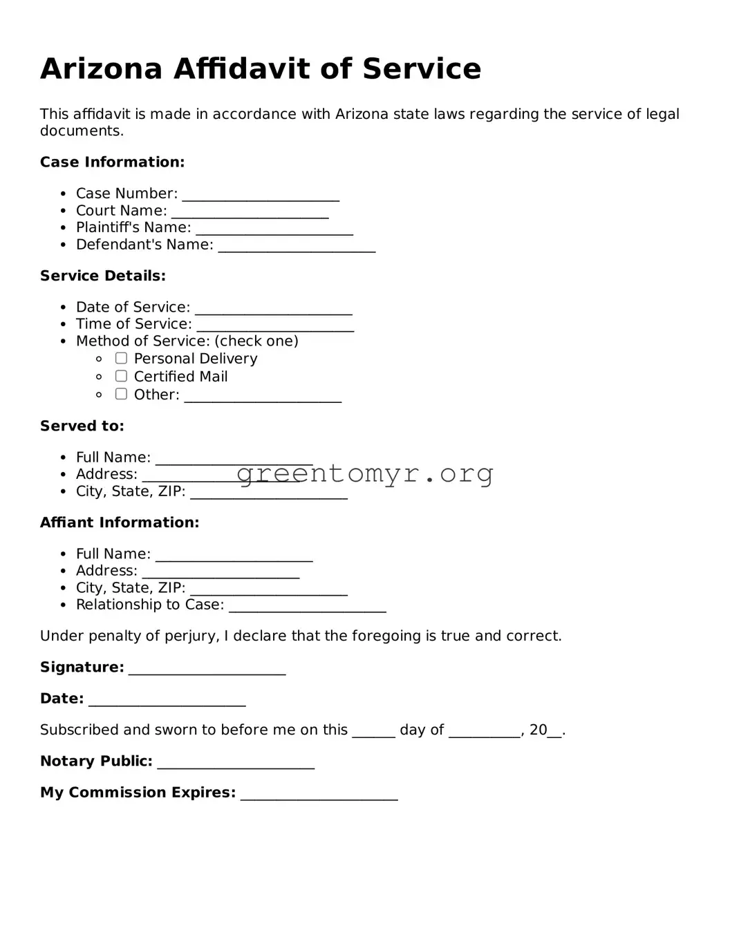 Affidavit of Service Form for the State of Arizona