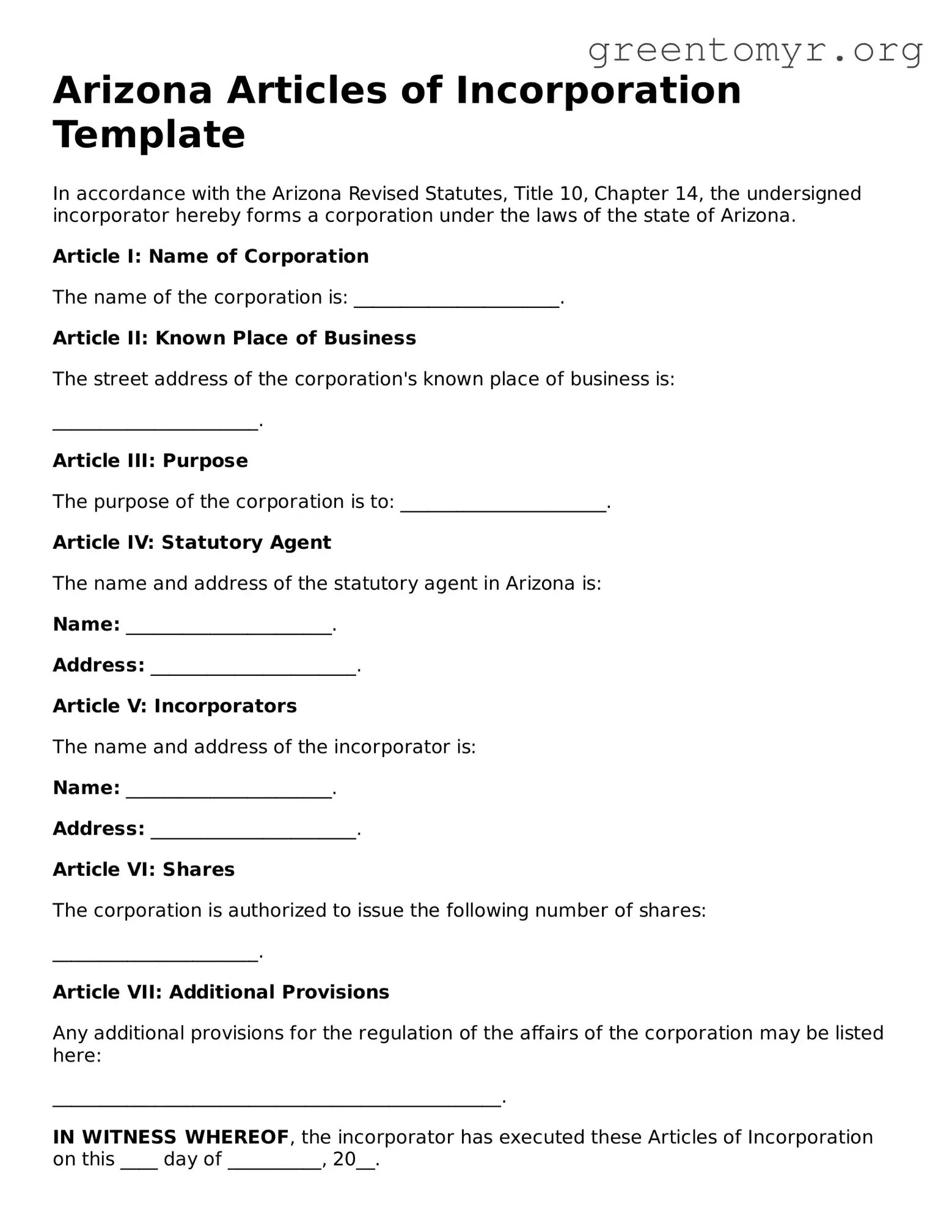 Articles of Incorporation Form for the State of Arizona
