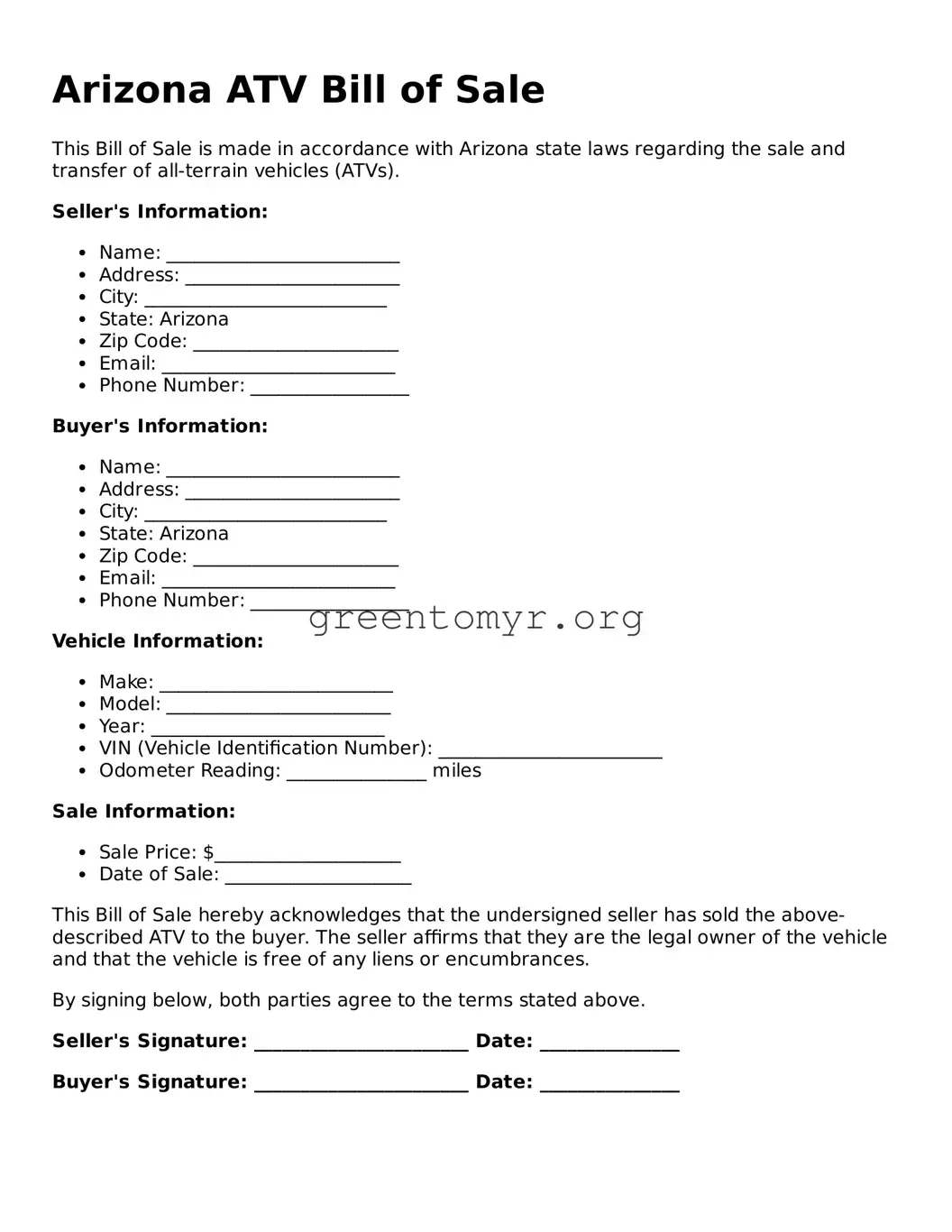 ATV Bill of Sale Form for the State of Arizona