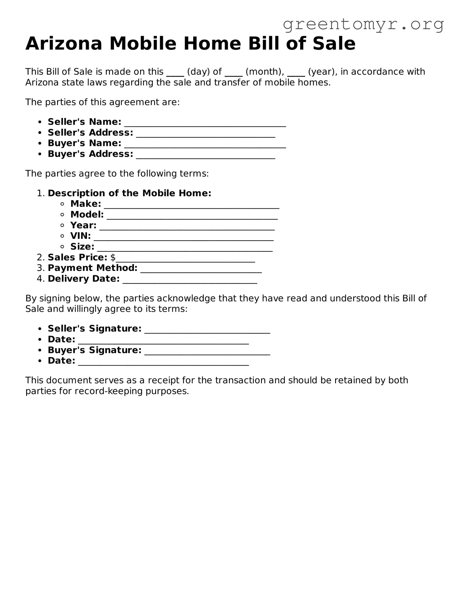 Mobile Home Bill of Sale Form for the State of Arizona