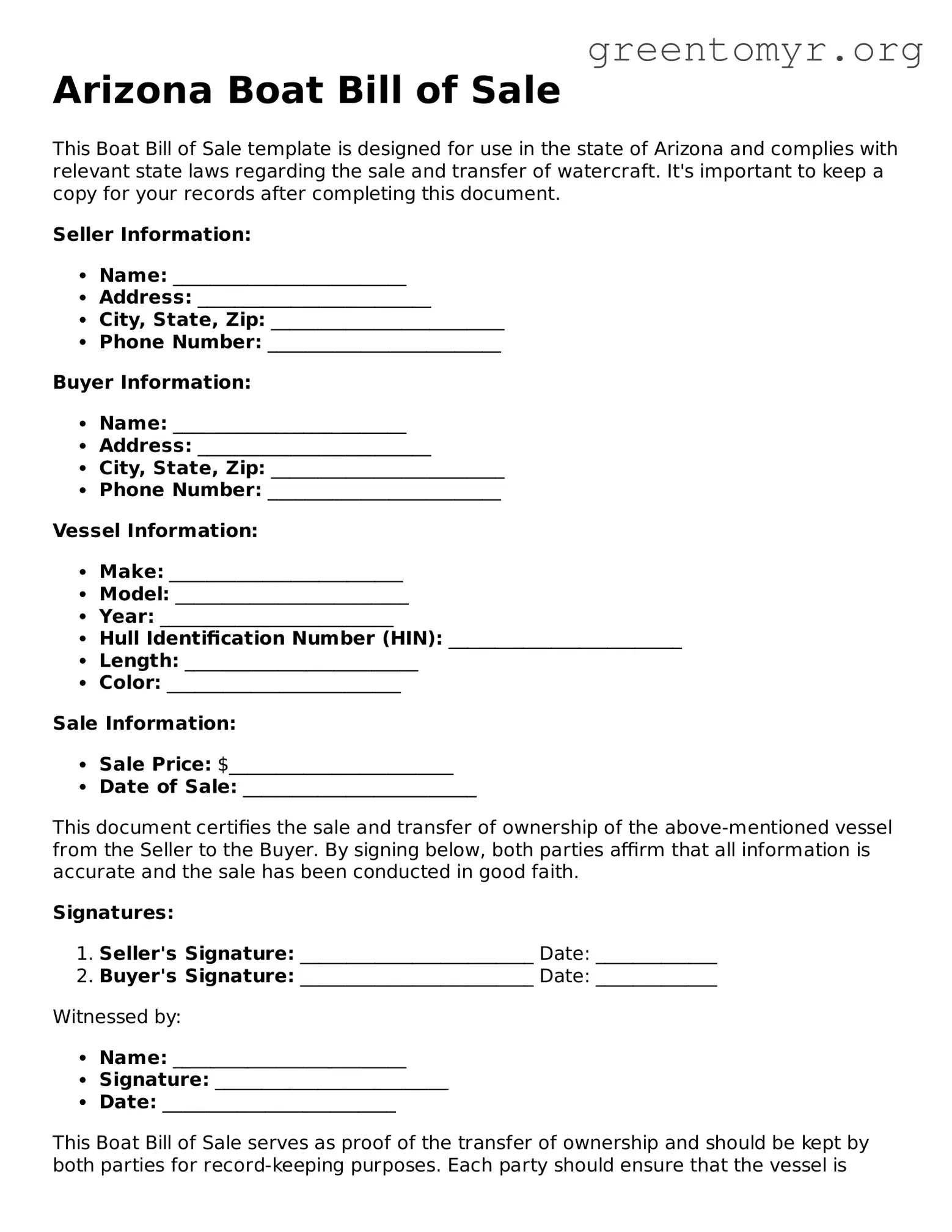 Boat Bill of Sale Form for the State of Arizona