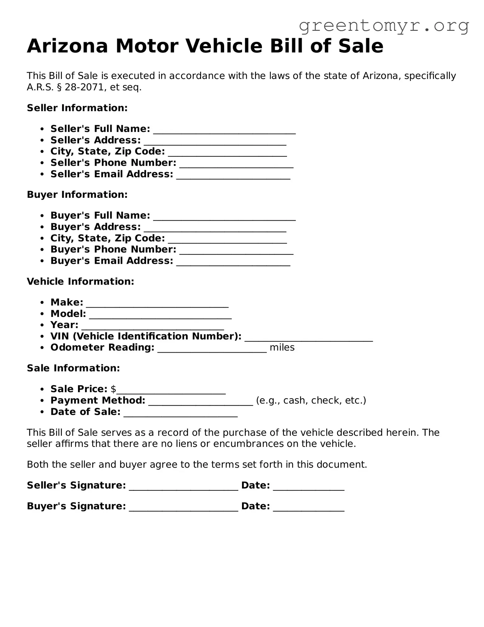 Motor Vehicle Bill of Sale Form for the State of Arizona