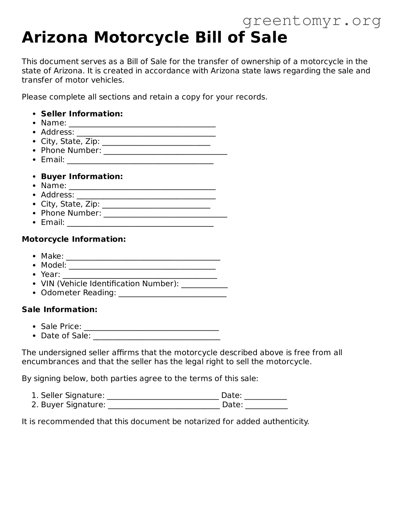 Motorcycle Bill of Sale Form for the State of Arizona