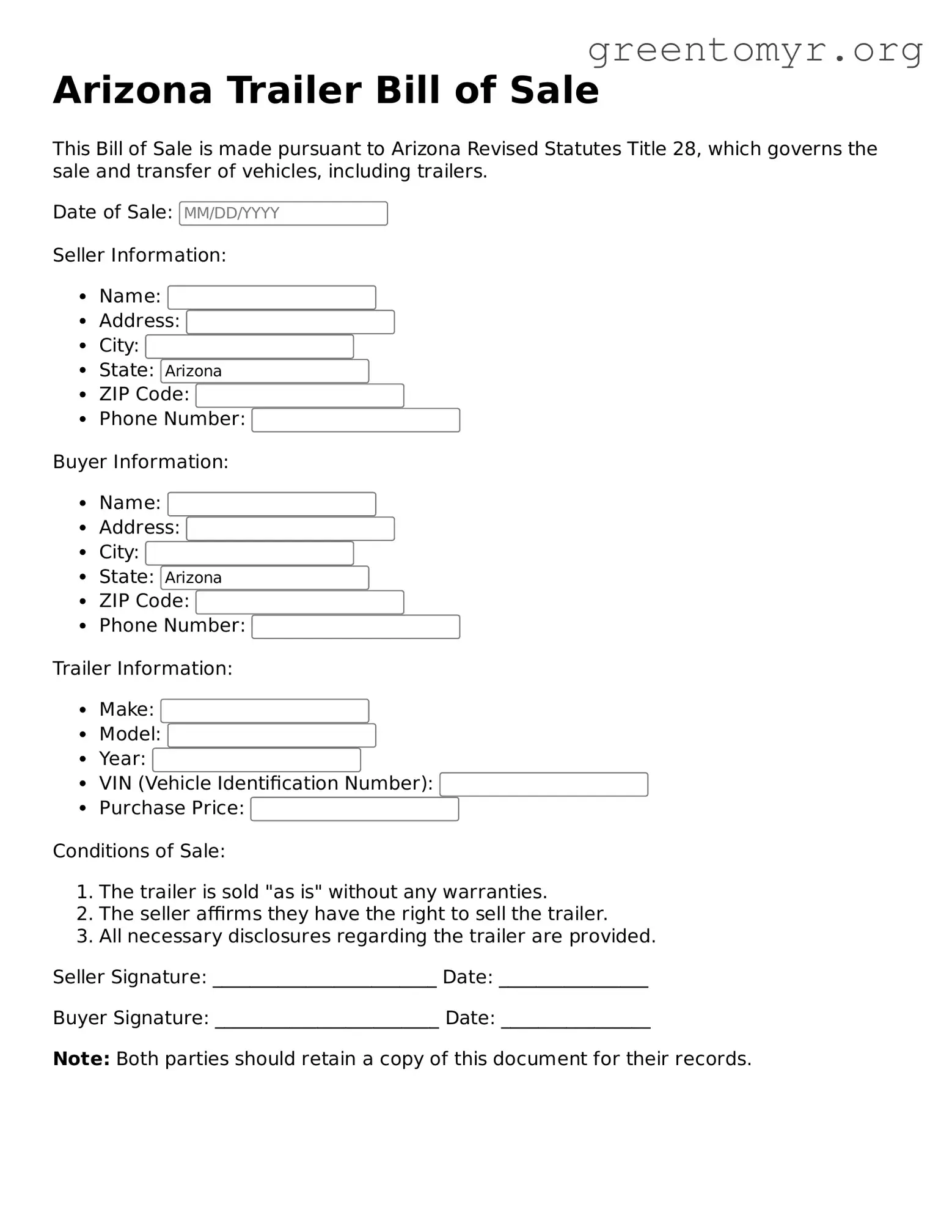 Trailer Bill of Sale Form for the State of Arizona