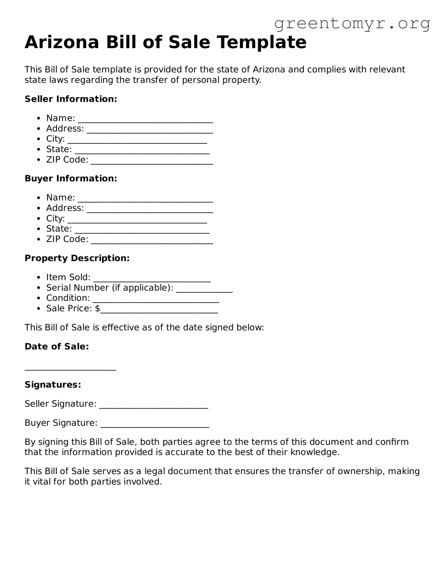 Bill of Sale Form for the State of Arizona