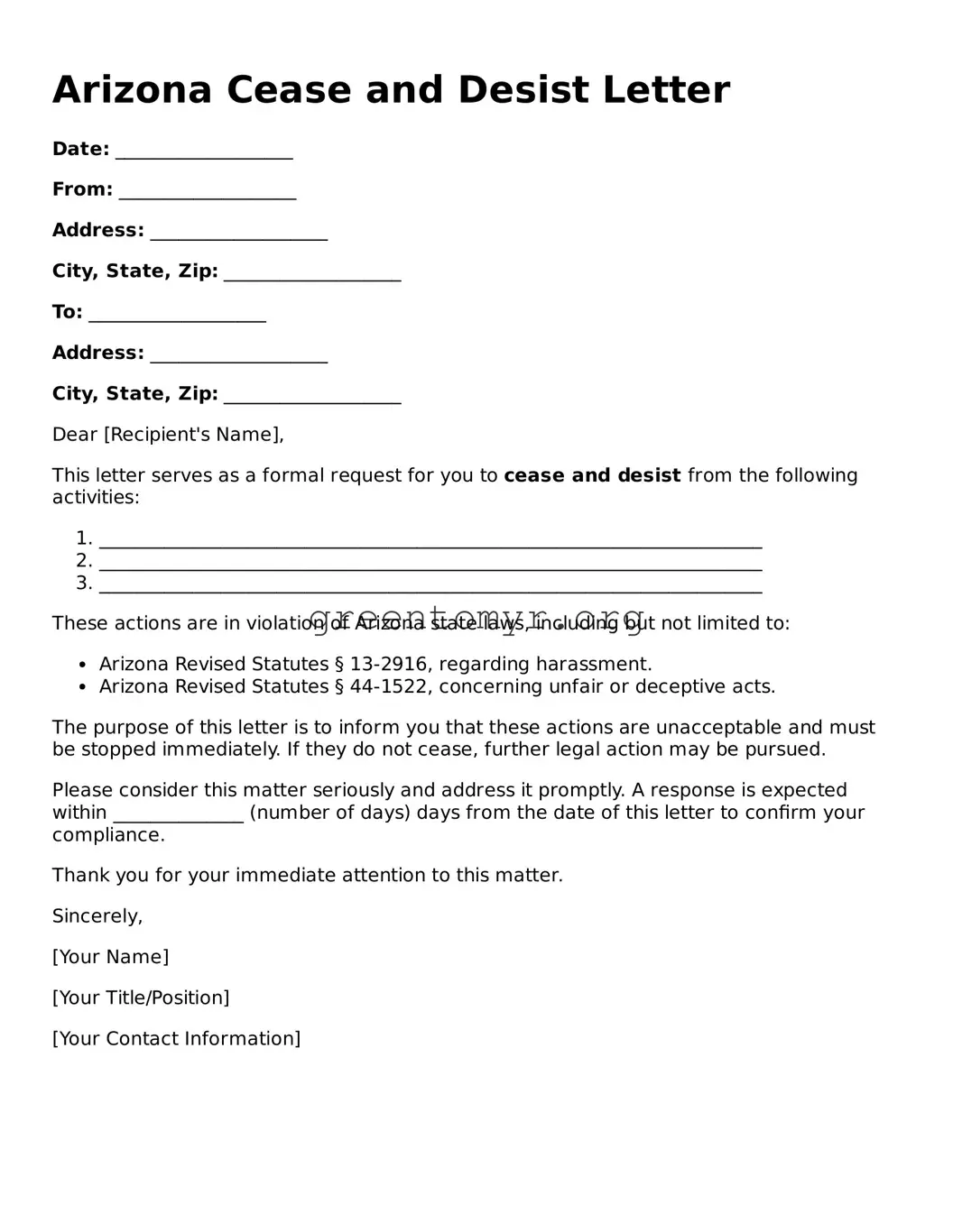 Cease and Desist Letter Form for the State of Arizona