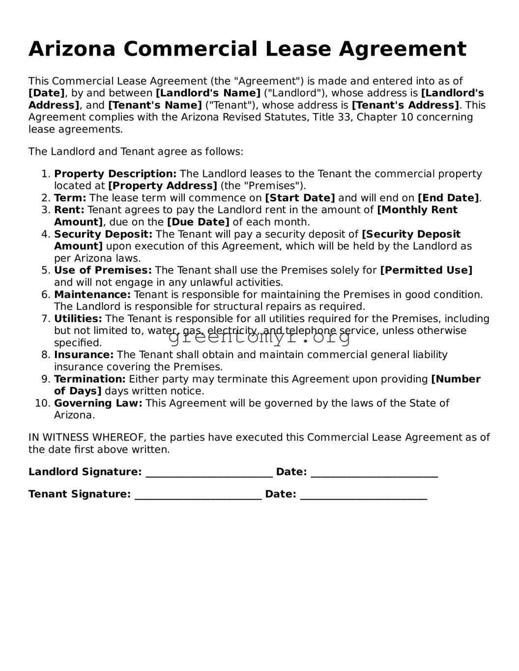 Commercial Lease Agreement Form for the State of Arizona