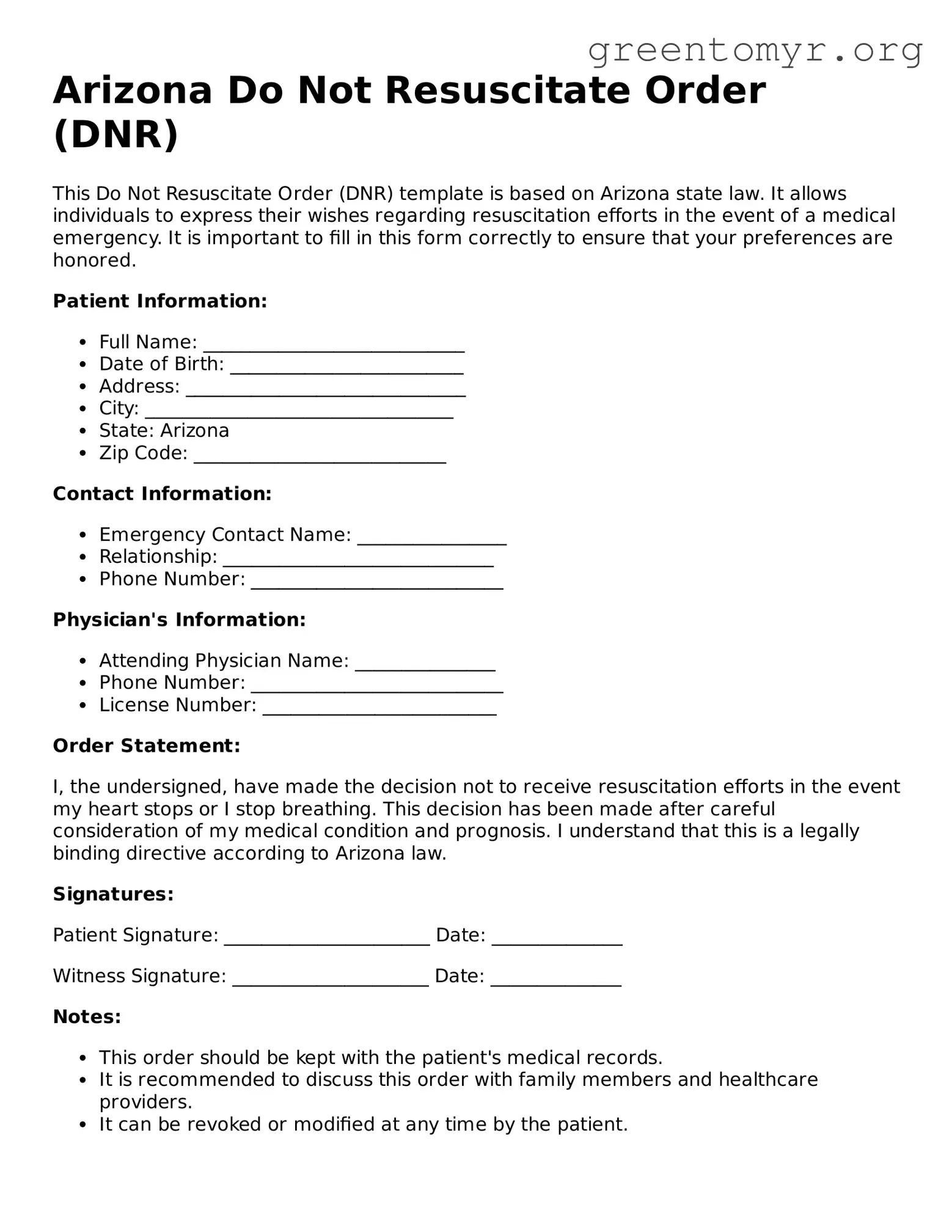 Do Not Resuscitate Order Form for the State of Arizona