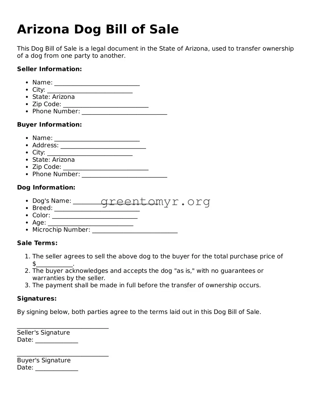 Dog Bill of Sale Form for the State of Arizona
