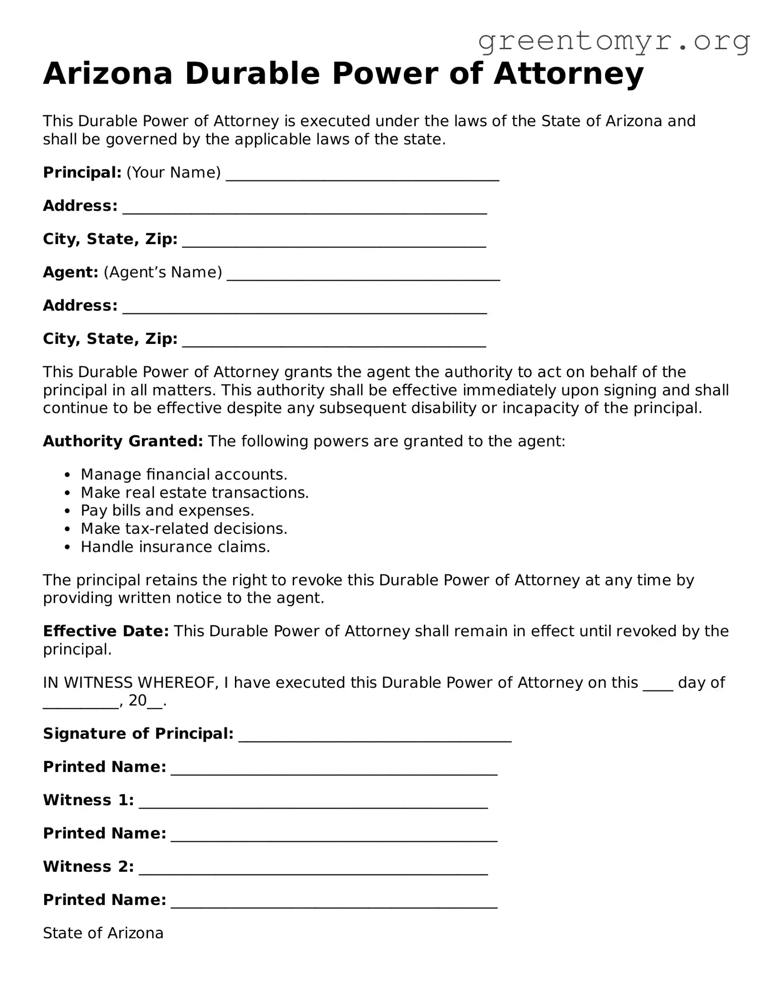 Durable Power of Attorney Form for the State of Arizona