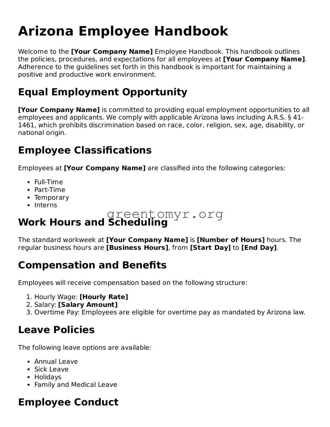 Employee Handbook Form for the State of Arizona
