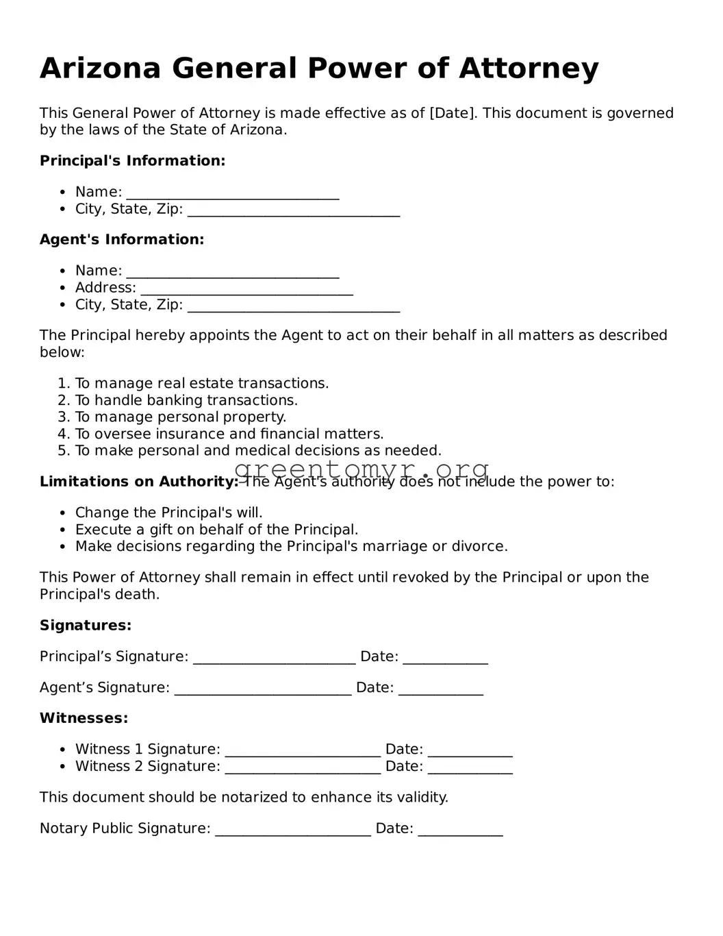 General Power of Attorney Form for the State of Arizona