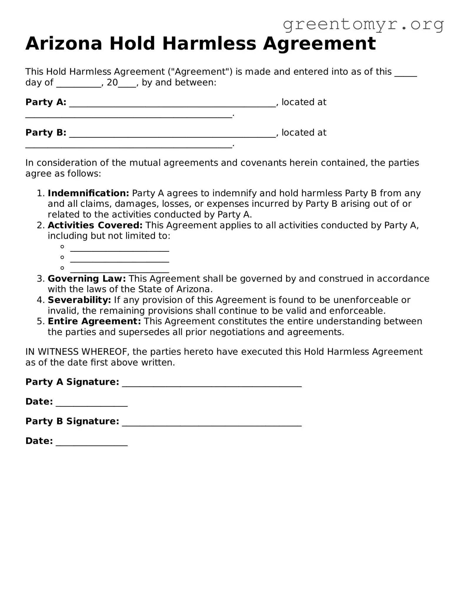 Hold Harmless Agreement Form for the State of Arizona