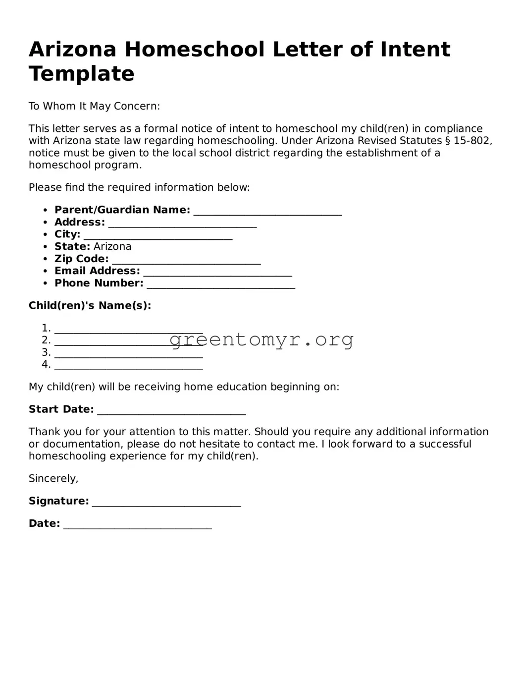 Homeschool Letter of Intent Form for the State of Arizona
