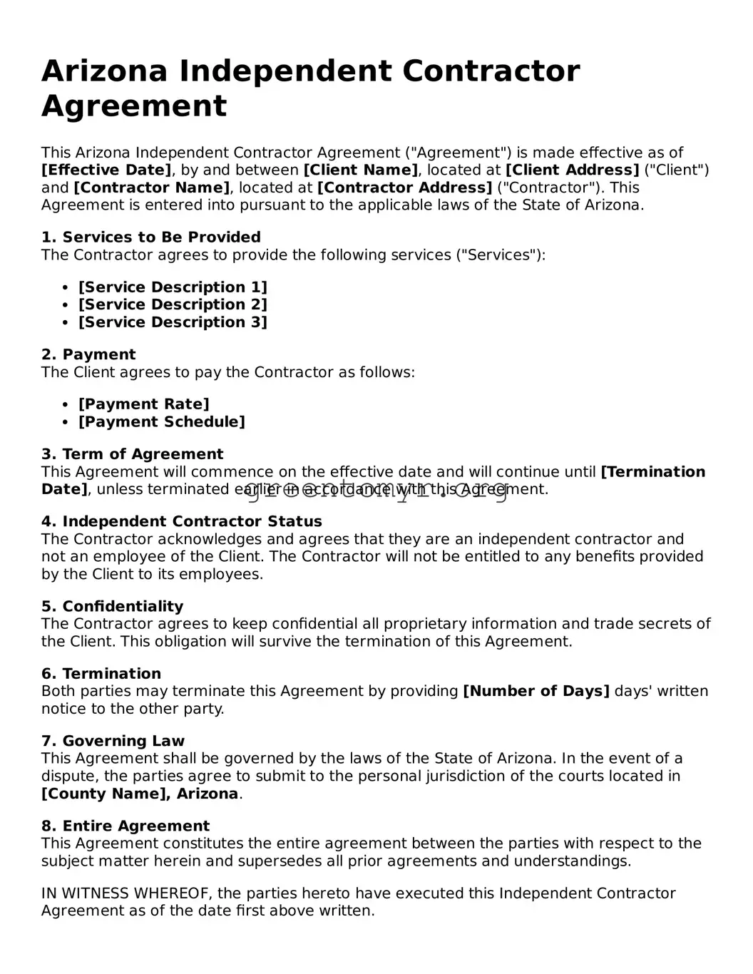 Independent Contractor Agreement Form for the State of Arizona