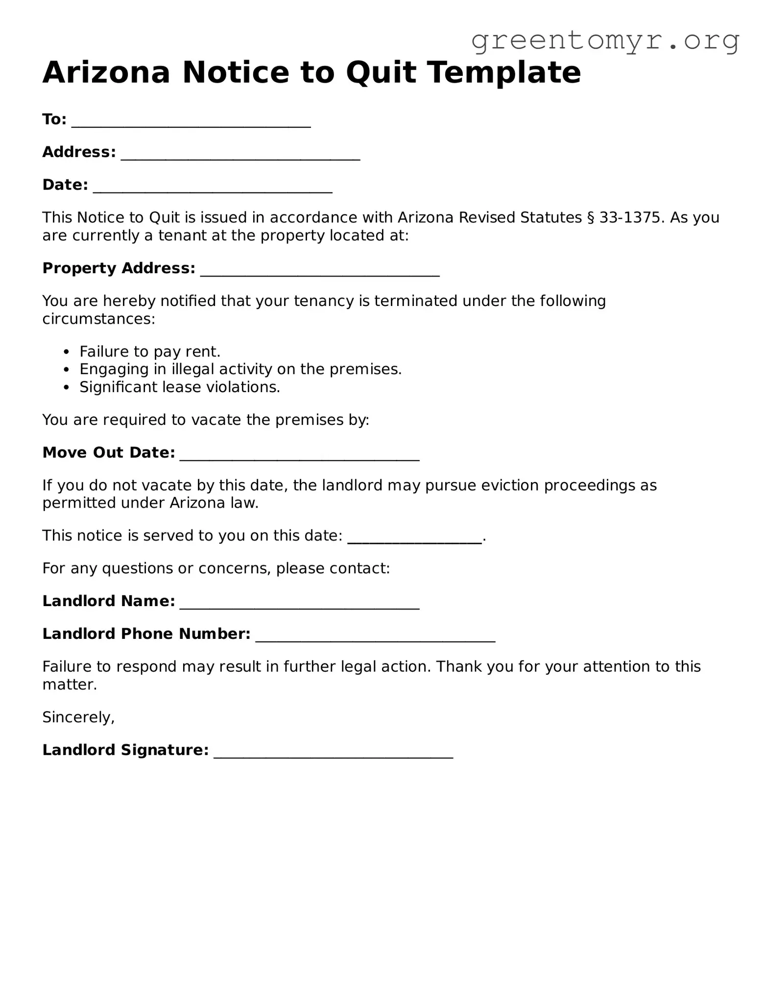 Notice to Quit Form for the State of Arizona