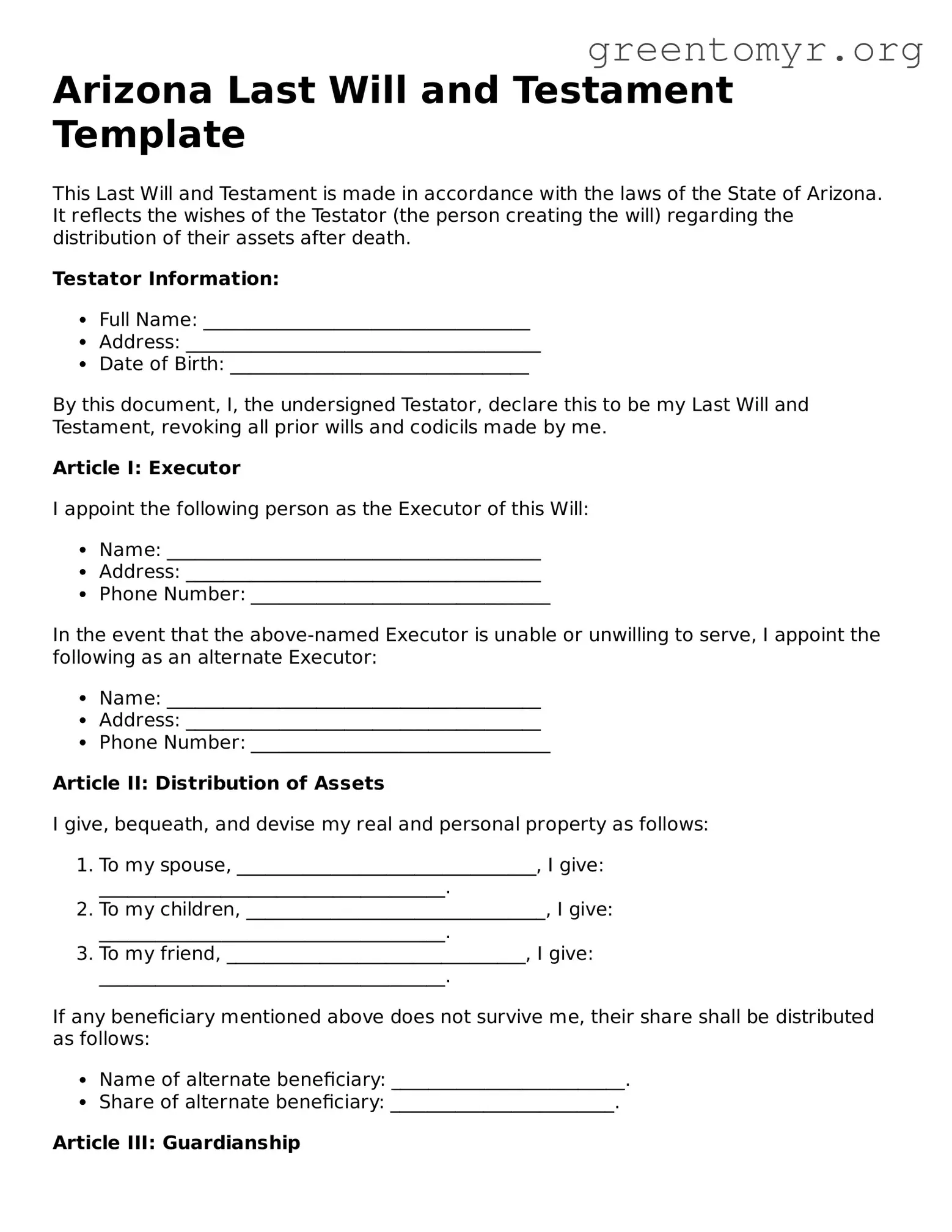 Last Will and Testament Form for the State of Arizona