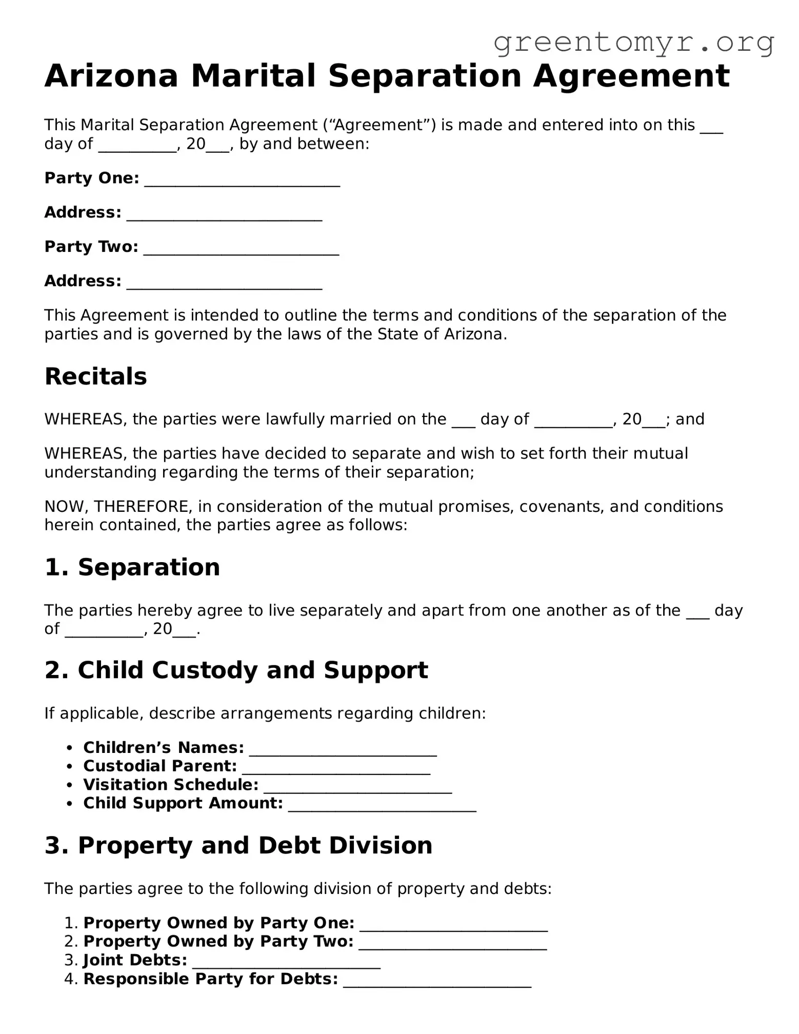 Marital Separation Agreement Form for the State of Arizona