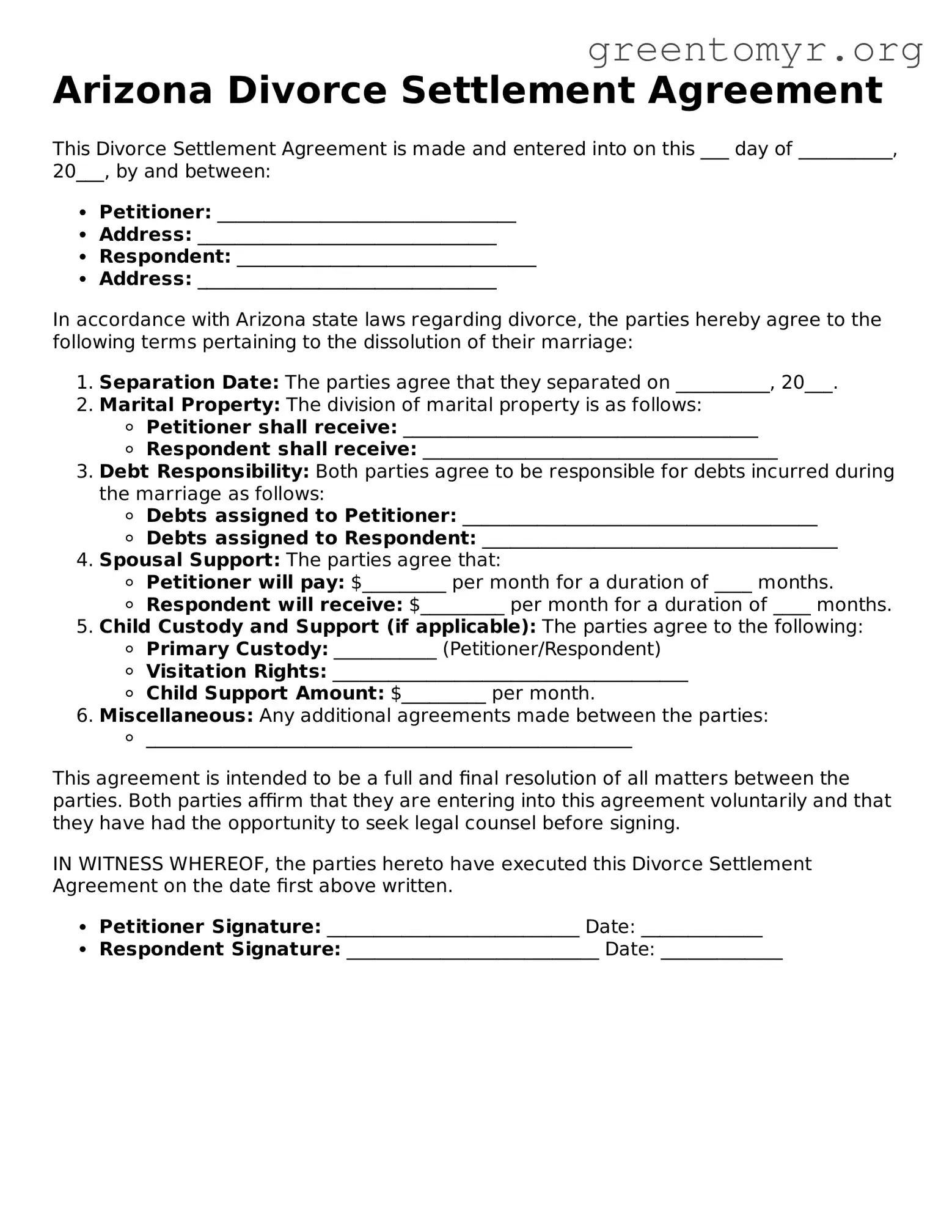Divorce Settlement Agreement Form for the State of Arizona