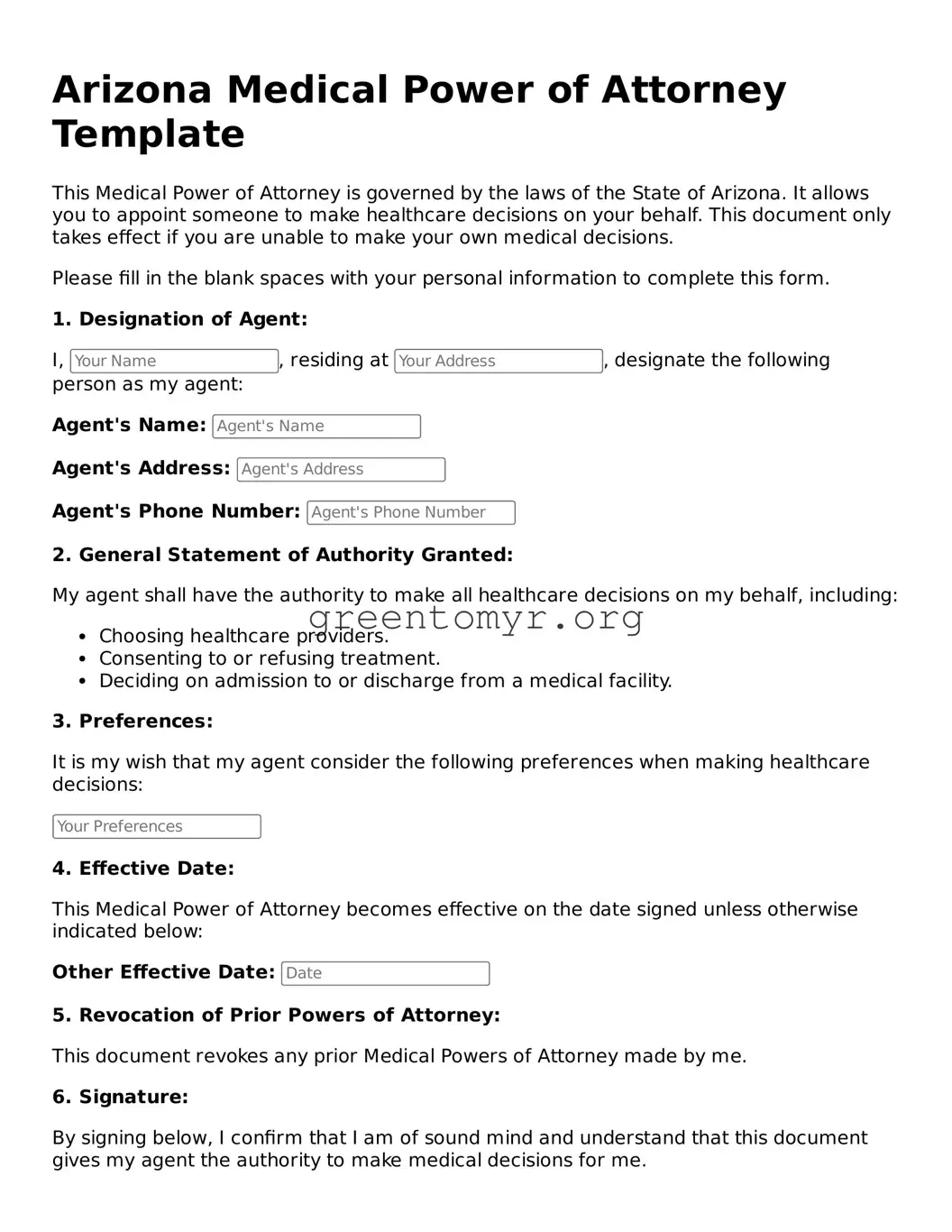Medical Power of Attorney Form for the State of Arizona