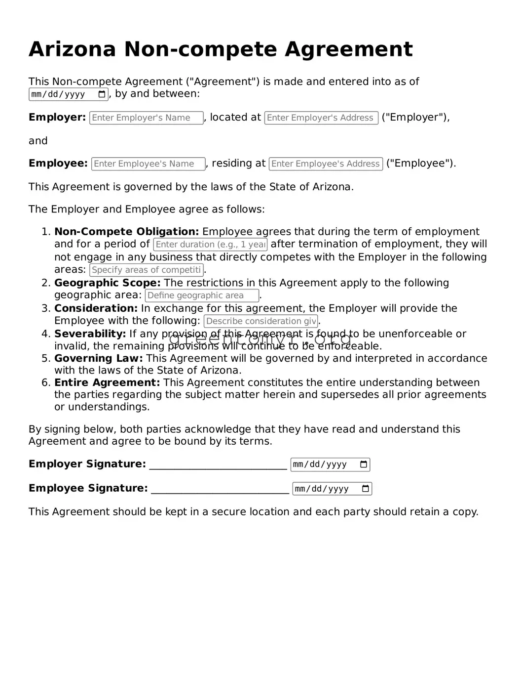 Non-compete Agreement Form for the State of Arizona