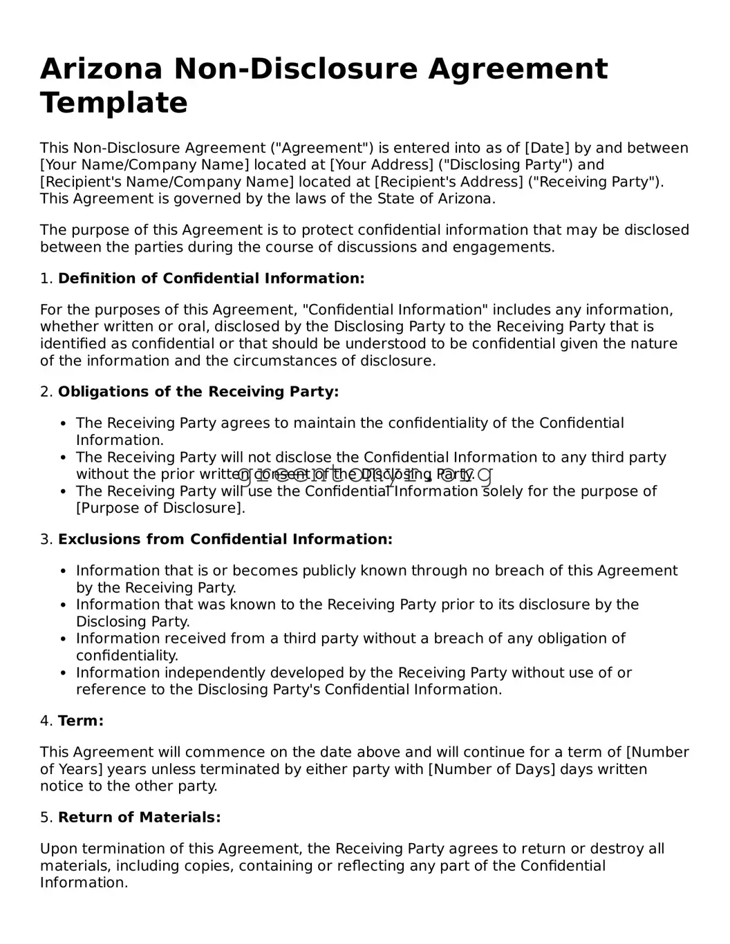 Non-disclosure Agreement Form for the State of Arizona