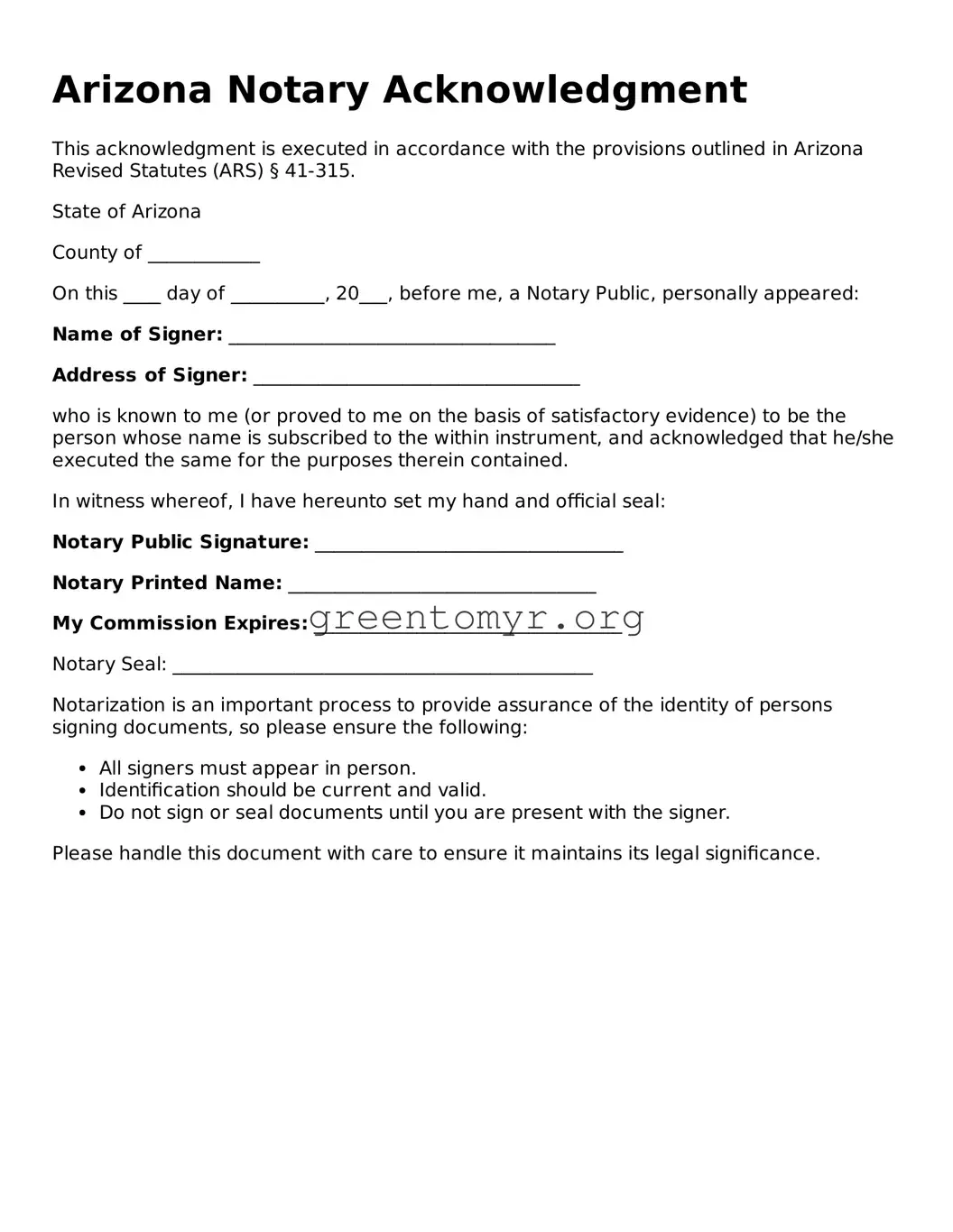 Notary Acknowledgement Form for the State of Arizona