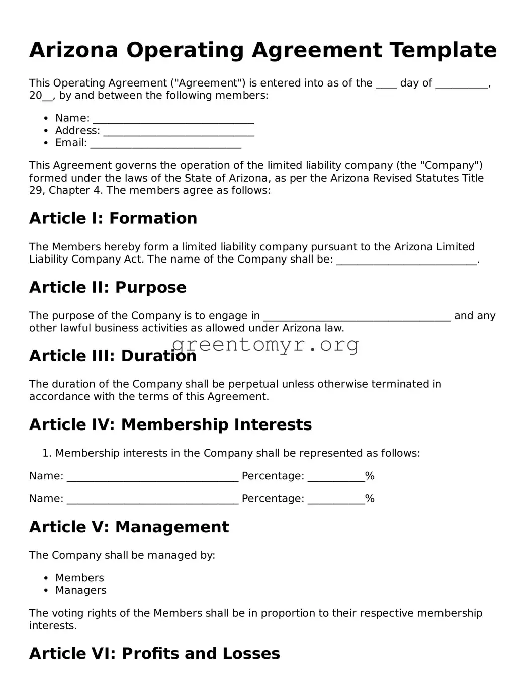 Operating Agreement Form for the State of Arizona