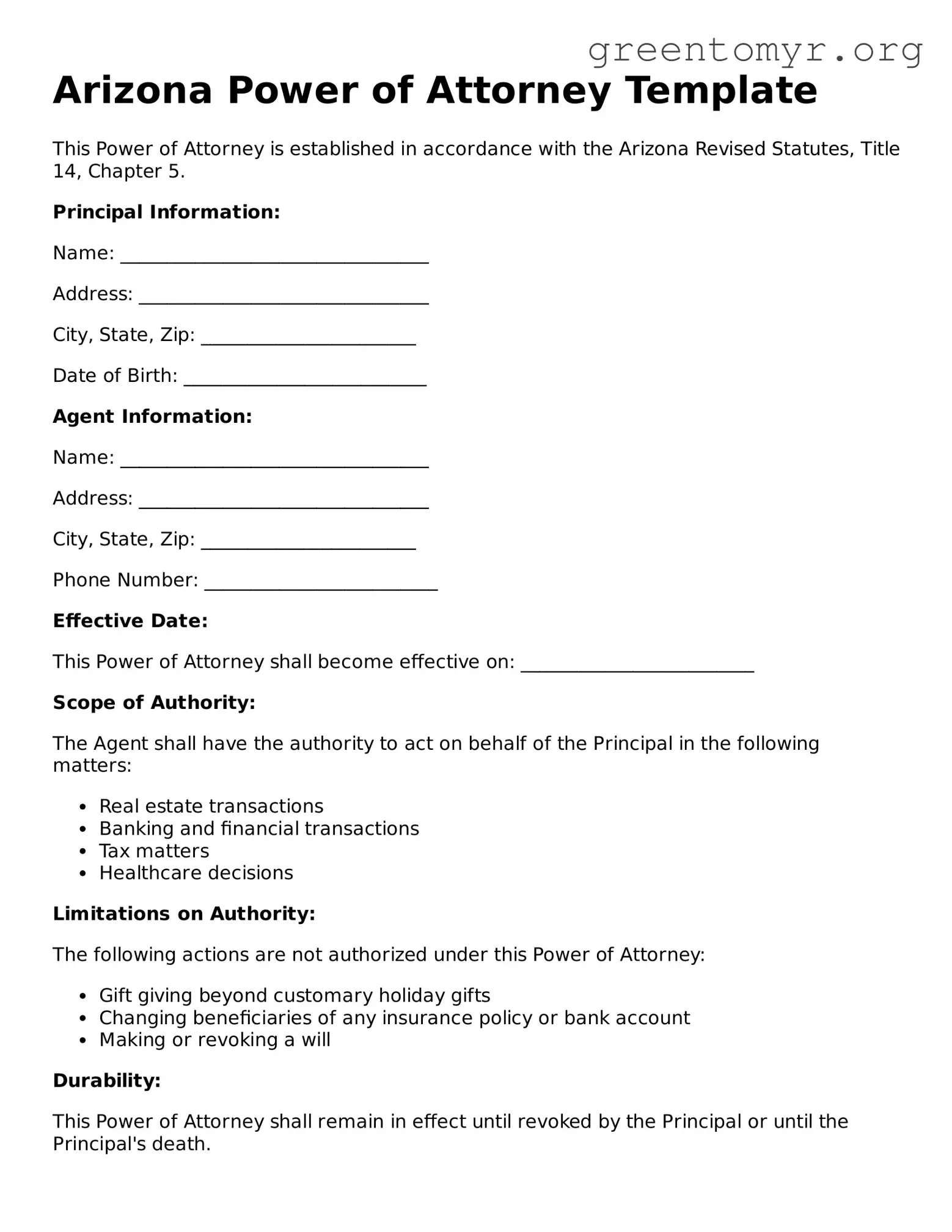 Power of Attorney Form for the State of Arizona